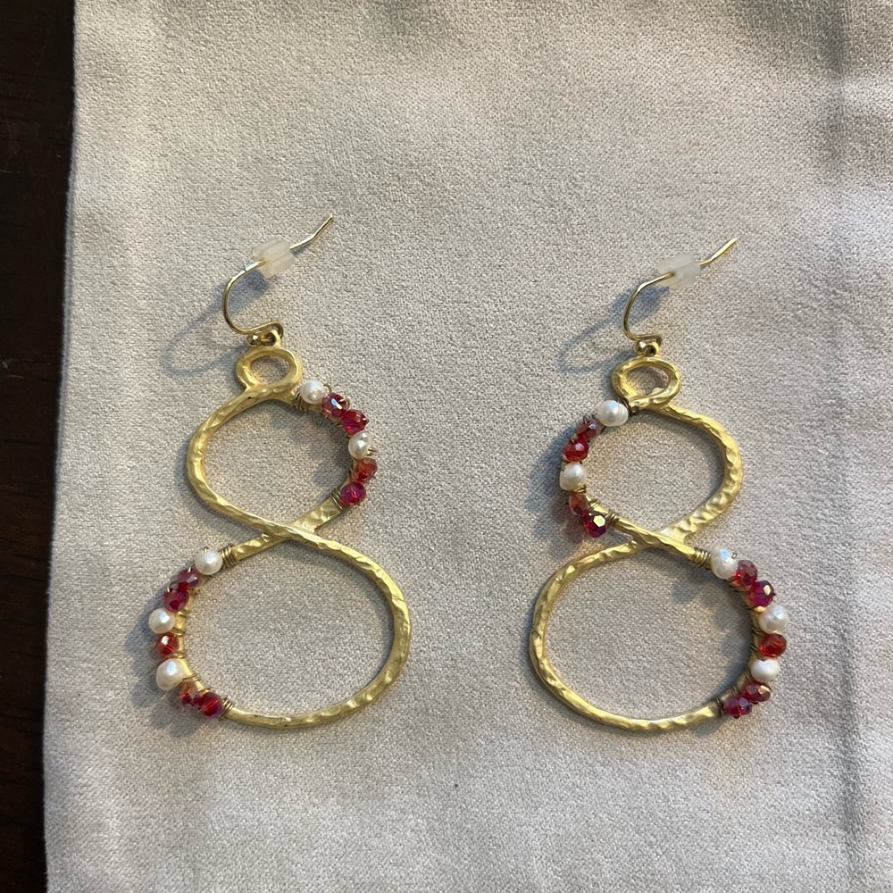 Gold Infinity Earrings with Red and Pearl Accents